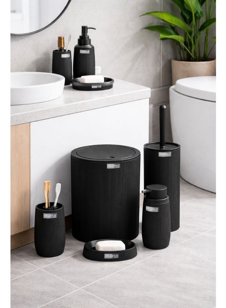 plastic elegans 5 Pieces Bathroom Set  basket - liquid soap dispenser - soap holder - toilet cleaning brush - toothbrush & toothpaste holder - Black/Chrome - Image 4